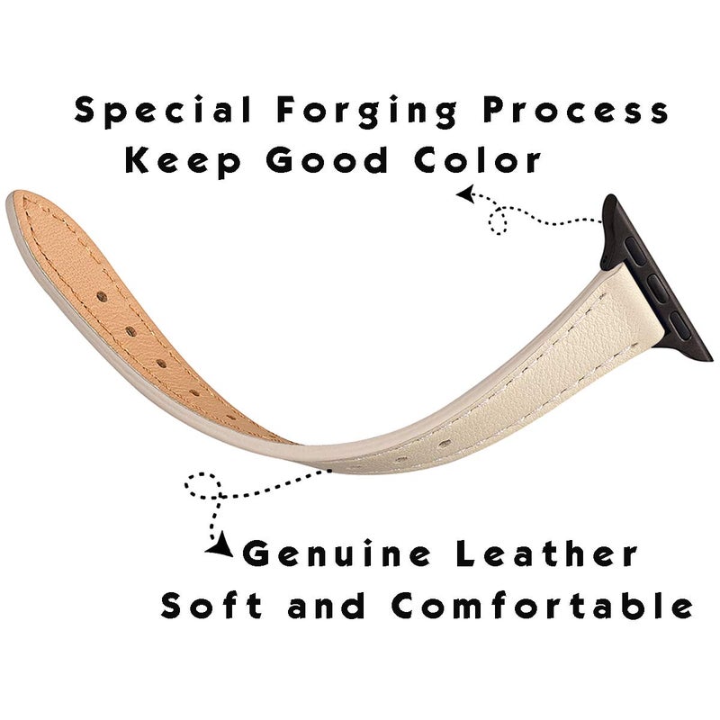 STIROLL Slim Leather Bands Compatible with Apple Watch Band 38mm 40mm 41mm 42mm(Series 11 10), Top Grain Leather Watch Thin Wristband for iWatch SE 9 8 7 6 5 4 3 2 1 (Beige Black) - Image 3