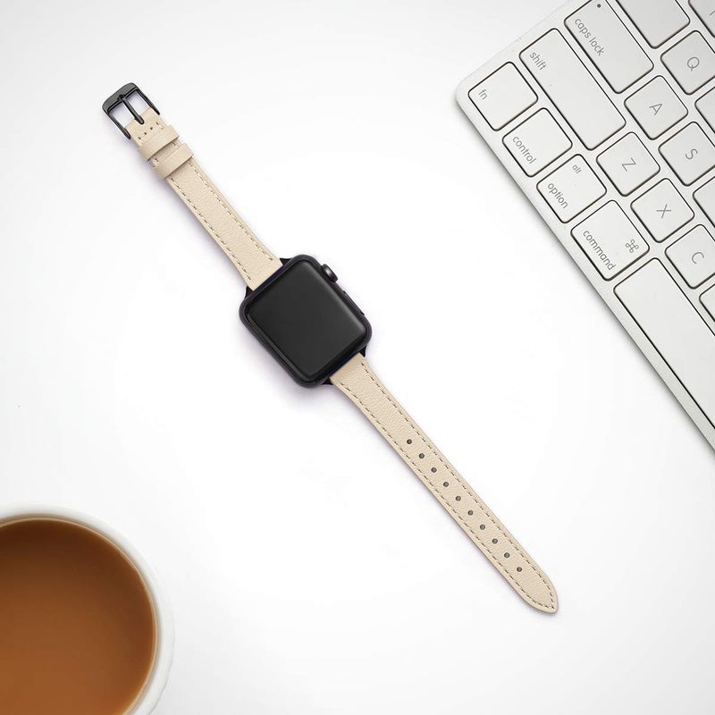 STIROLL Slim Leather Bands Compatible with Apple Watch Band 38mm 40mm 41mm 42mm(Series 11 10), Top Grain Leather Watch Thin Wristband for iWatch SE 9 8 7 6 5 4 3 2 1 (Beige Black) - Image 4
