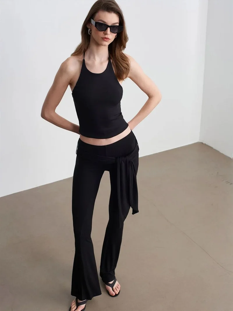 ديلفين Dilvin High-Waist Flare Jersey Pants With Tie Detail