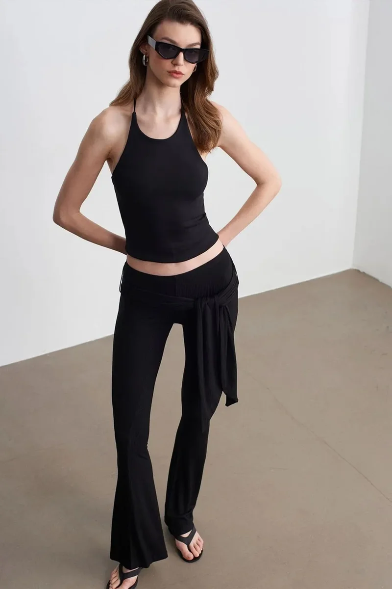 DILVIN High-Waist Flare Jersey Pants With Tie Detail