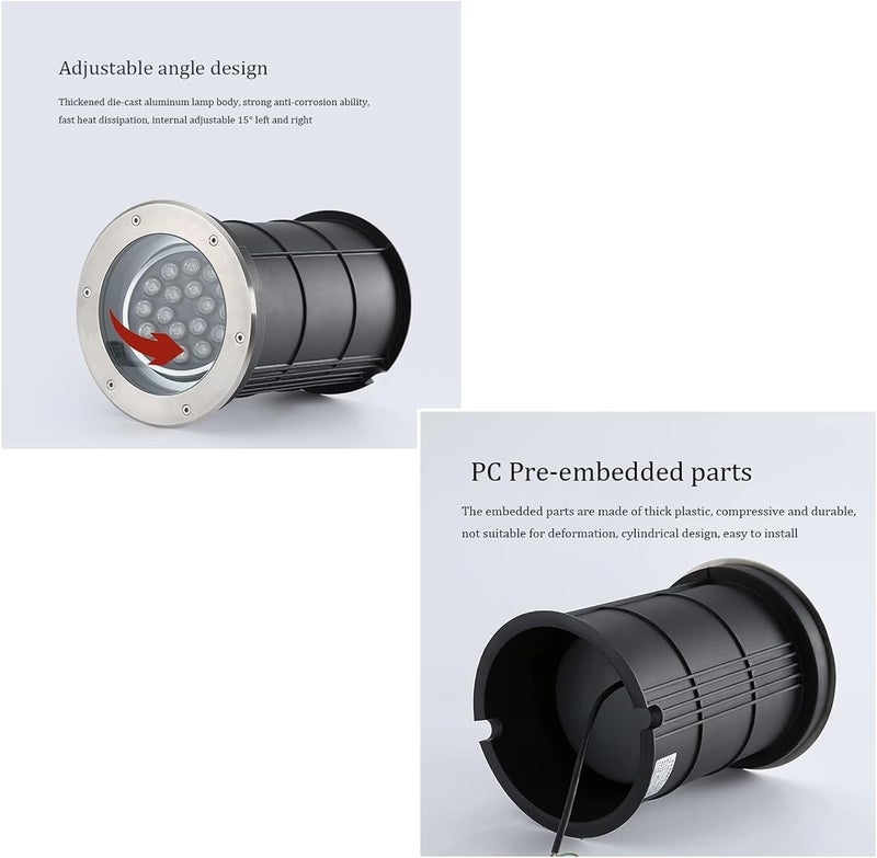 Outdoor Recessed Ground Light Adjustable Underground Light Embedded LED Spotlight IP65 Waterproof AC85-265V Garden Buried Lights for Driveway Deck Step Round Landscape Lamp (White 18w) - Image 4