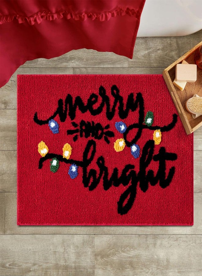 RoomTalks Merry and Bright Christmas Lights Bath Mat Non Slip Washable, 16x24 Cute Red Cheer Festive Seasonal Xmas Holiday Bath Rugs Mat for Bathroom Christmas Decorations Gift - Image 1