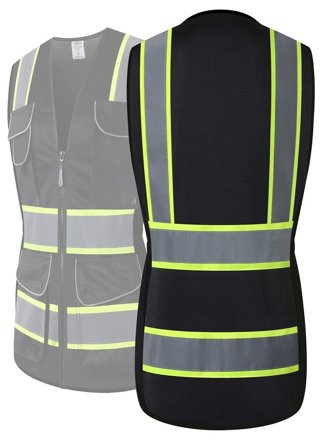 JKSafety سترة أمان عاكسة عالية الوضوح للنساء من JKSafety، 9 جيوب | شبك أسود | شرائط عاكسة مع حواف صفراء ممتدة | متوافقة مع معايير ANSI (168-أسود، مقاس متوسط) - Image 5