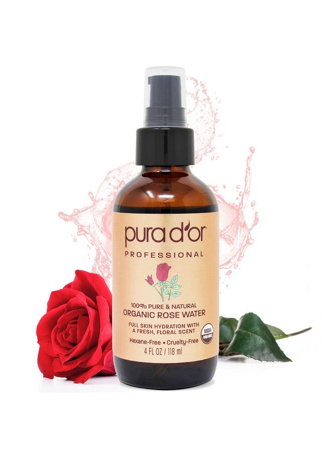 Pura d'or Ura D'Or Organic Rose Water Toner (4Oz / 118Ml) Eau Fraiche 100% Pure Full Skin Hydration Control Excess Oils & Acne Cleanses & Softens Promotes Healthy Skin Cell For All Skin Types - Image 1