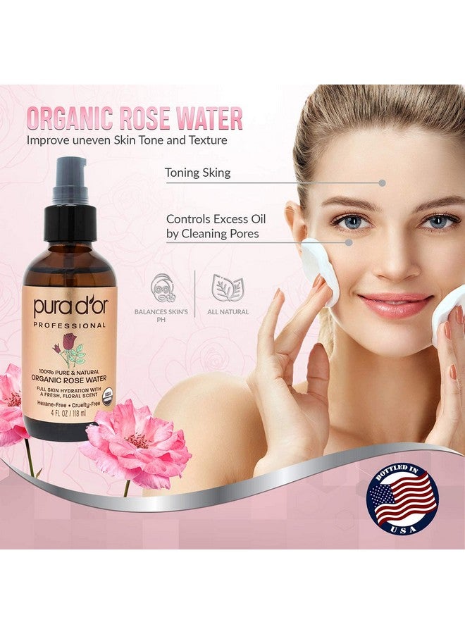 Pura d'or Ura D'Or Organic Rose Water Toner (4Oz / 118Ml) Eau Fraiche 100% Pure Full Skin Hydration Control Excess Oils & Acne Cleanses & Softens Promotes Healthy Skin Cell For All Skin Types - Image 3