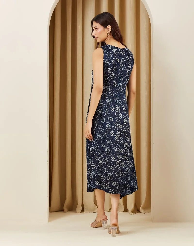 Fabindia  Navy Rayon Blend Printed Ajrakh Rosalie Midi Dress for Women | Best Price UAE