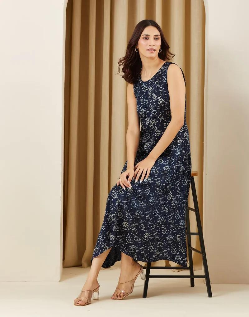 Navy Rayon Blend Printed Ajrakh Rosalie Midi Dress