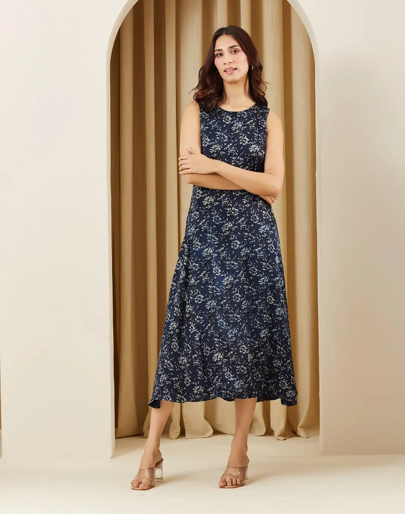 Fabindia  Navy Rayon Blend Printed Ajrakh Rosalie Midi Dress for Women | Best Price UAE