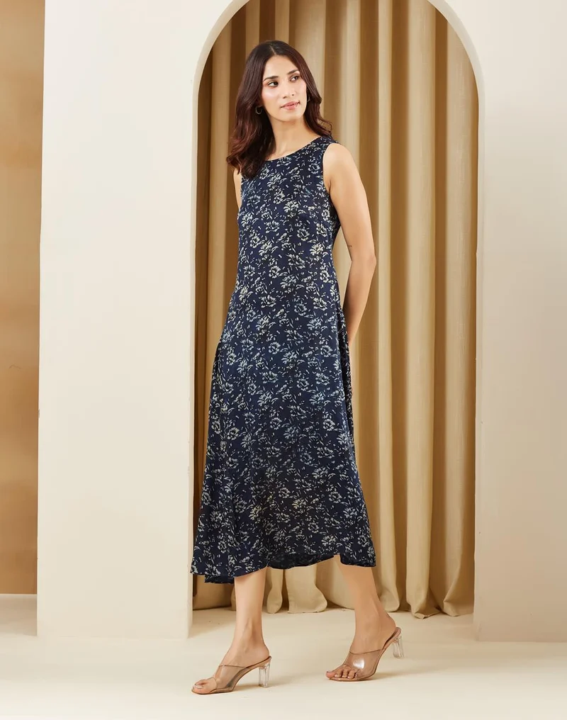 Fabindia  Navy Rayon Blend Printed Ajrakh Rosalie Midi Dress for Women | Best Price UAE