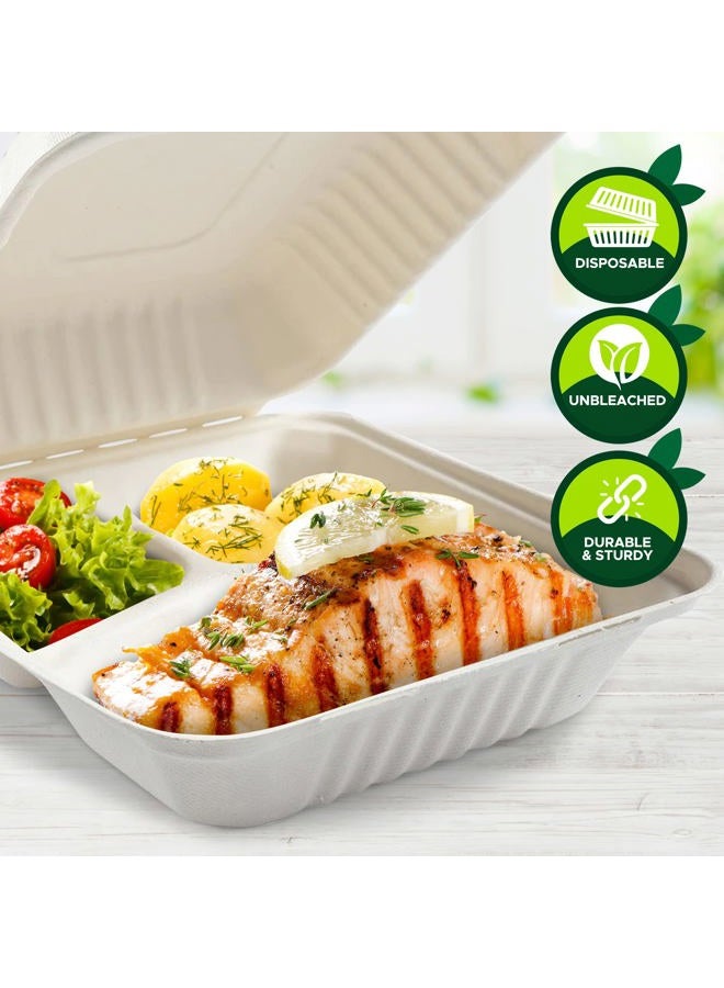 PAMI Sugarcane 100% Biodegradable 8” Clamshell Food Containers With Lids[Pack of 50] - Compostable 3 Compartment Takeout Containers- Eco Bagasse To-Go Food Boxes- Disposable Microwavable Lunch Boxes - Image 4