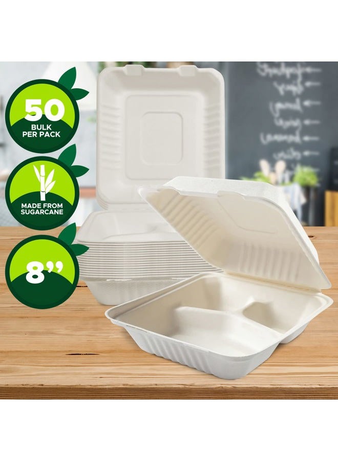 PAMI Sugarcane 100% Biodegradable 8” Clamshell Food Containers With Lids[Pack of 50] - Compostable 3 Compartment Takeout Containers- Eco Bagasse To-Go Food Boxes- Disposable Microwavable Lunch Boxes - Image 2