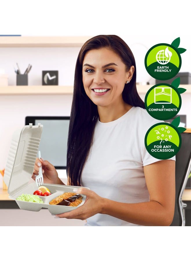 PAMI Sugarcane 100% Biodegradable 8” Clamshell Food Containers With Lids[Pack of 50] - Compostable 3 Compartment Takeout Containers- Eco Bagasse To-Go Food Boxes- Disposable Microwavable Lunch Boxes - Image 5