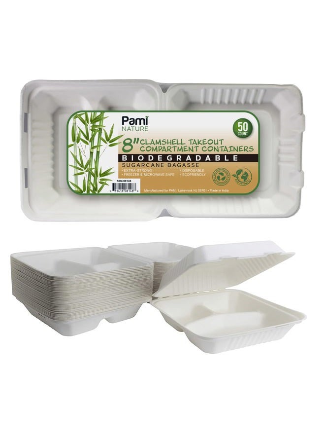 PAMI Sugarcane 100% Biodegradable 8” Clamshell Food Containers With Lids[Pack of 50] - Compostable 3 Compartment Takeout Containers- Eco Bagasse To-Go Food Boxes- Disposable Microwavable Lunch Boxes - Image 1
