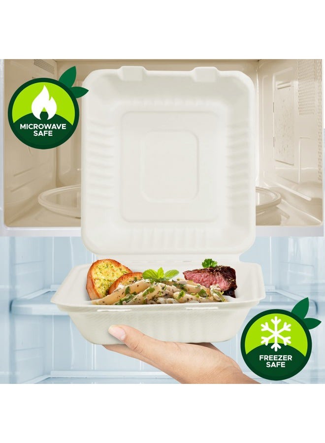 PAMI Sugarcane 100% Biodegradable 8” Clamshell Food Containers With Lids[Pack of 50] - Compostable 3 Compartment Takeout Containers- Eco Bagasse To-Go Food Boxes- Disposable Microwavable Lunch Boxes - Image 3