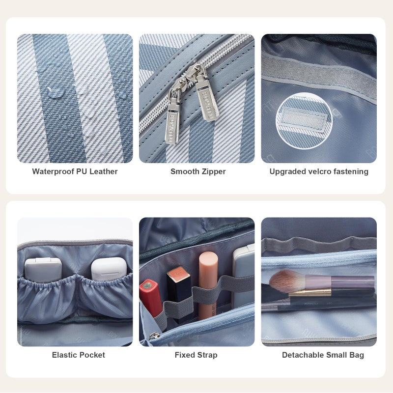 BOYATU Travel Makeup Bag Cosmetic Bag for Women: 3 Pcs Set Make up Bag with Compartments - Waterproof Vegan Leather Toiletry Bags with Handle - Makeup Organizer for Travel Essentials(A-1-Blue) - Image 4
