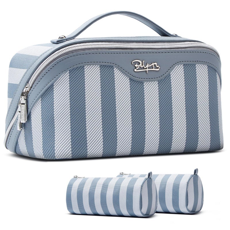 BOYATU Travel Makeup Bag Cosmetic Bag for Women: 3 Pcs Set Make up Bag with Compartments - Waterproof Vegan Leather Toiletry Bags with Handle - Makeup Organizer for Travel Essentials(A-1-Blue) - Image 1
