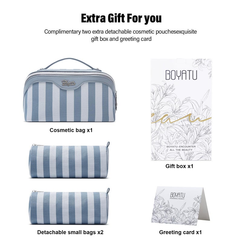 BOYATU Travel Makeup Bag Cosmetic Bag for Women: 3 Pcs Set Make up Bag with Compartments - Waterproof Vegan Leather Toiletry Bags with Handle - Makeup Organizer for Travel Essentials(A-1-Blue) - Image 5