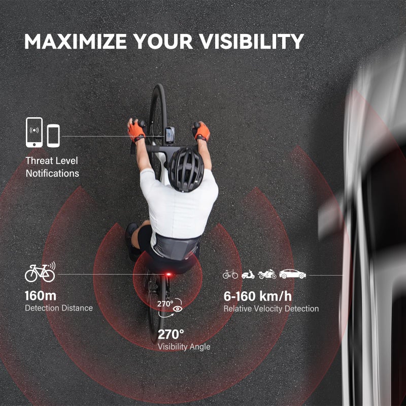CYCPLUS Bike Radar Tail Light with Precise Brake Sensing, Visual Alerts for Vehicles Up to 175 Yard, 2000mAh Rechargeable Battery, Auto ON/Off, IPX6 Waterproof Bicycle Rearview Light for Night Riding - Image 2