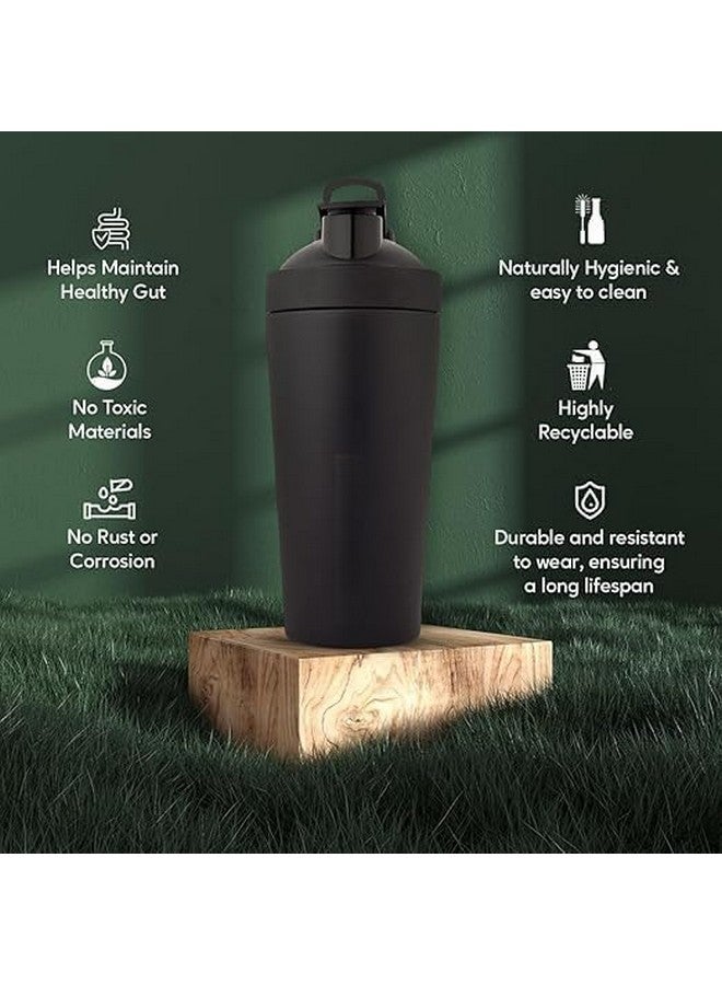 SHIFA CRAFT SHIFA CRAFT 740ml Gym Shaker Bottle - Natural Matte Finish Stainless Steel with Black Coating, Food Grade Steel, with Carrying Strip and Mixer Ball Supplements Shakers  - Image 4