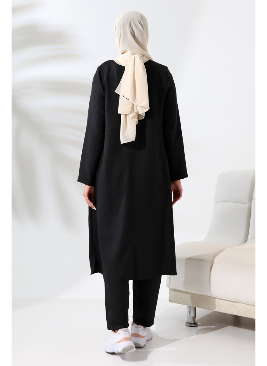 ihvanonline - Women's Black Melange Linen Look Hidden Zipper Hajj Umrah Outfit Hijab Two Piece Set - Image 1