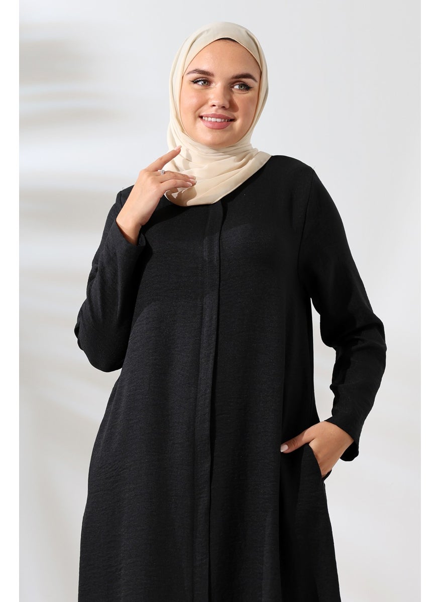 ihvanonline - Women's Black Melange Linen Look Hidden Zipper Hajj Umrah Outfit Hijab Two Piece Set - Image 1
