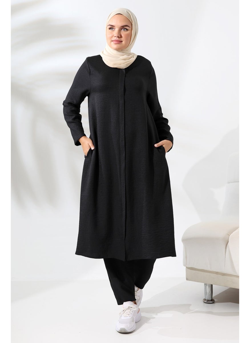 ihvanonline - Women's Black Melange Linen Look Hidden Zipper Hajj Umrah Outfit Hijab Two Piece Set - Image 1