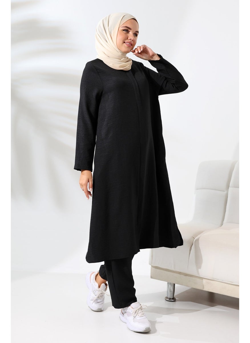 ihvanonline - Women's Black Melange Linen Look Hidden Zipper Hajj Umrah Outfit Hijab Two Piece Set - Image 1