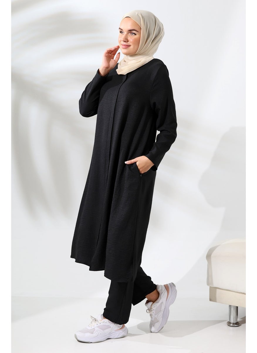 ihvanonline - Women's Black Melange Linen Look Hidden Zipper Hajj Umrah Outfit Hijab Two Piece Set - Image 1