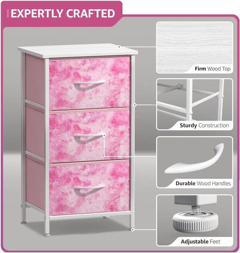Sorbus Nightstand Storage Organizer Chest with 3 Drawers - Kids Girls, Boys Bedroom Furniture Chest for Clothes, Closet Organization - Steel Frame, Wood Top, Tie-dye Fabric Bin (3-Drawer, Pink) - Image 3