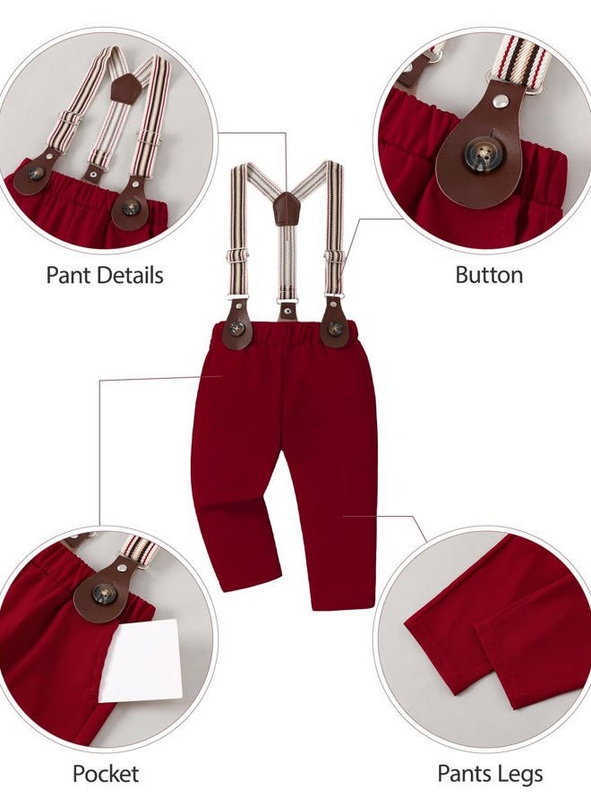 YUEMION Baby Boy Clothes Wedding Outfit Infant Tuxedo Gentleman Suits Dress Shirt+ Beret Hat +Suspender Pants +Bowtie 0-18M, Red, 6-12 Months - Image 3
