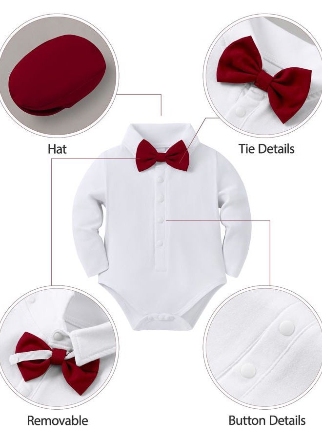YUEMION Baby Boy Clothes Wedding Outfit Infant Tuxedo Gentleman Suits Dress Shirt+ Beret Hat +Suspender Pants +Bowtie 0-18M, Red, 6-12 Months - Image 2