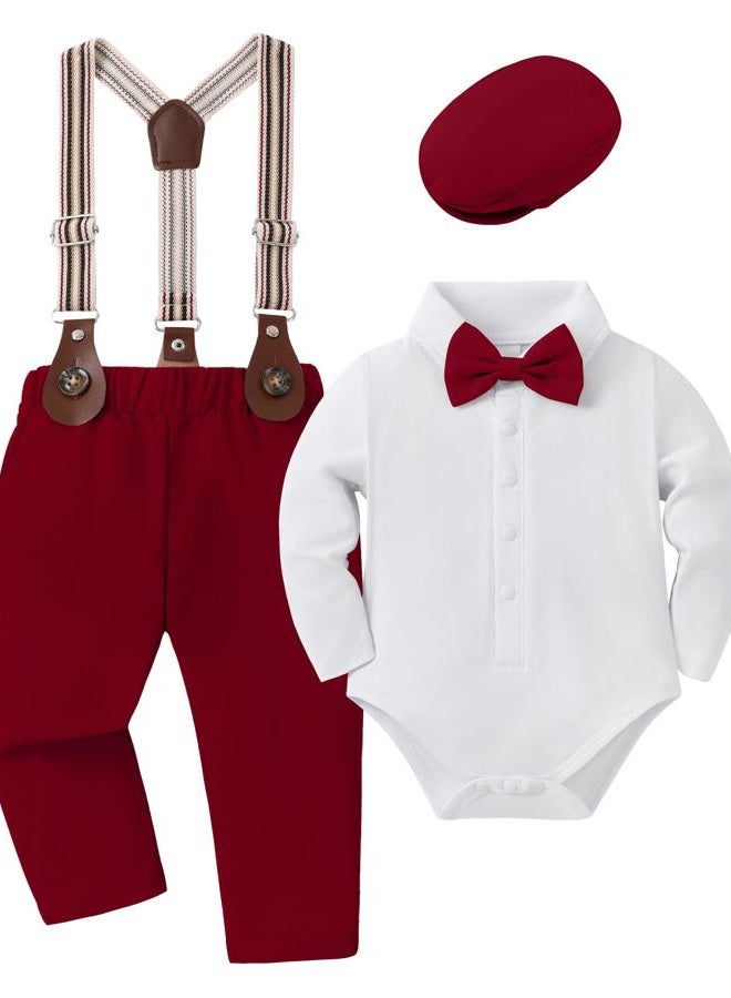 YUEMION Baby Boy Clothes Wedding Outfit Infant Tuxedo Gentleman Suits Dress Shirt+ Beret Hat +Suspender Pants +Bowtie 0-18M, Red, 6-12 Months - Image 1
