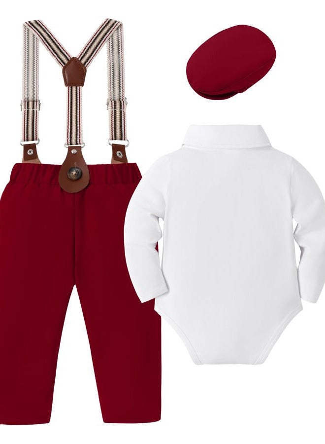 YUEMION Baby Boy Clothes Wedding Outfit Infant Tuxedo Gentleman Suits Dress Shirt+ Beret Hat +Suspender Pants +Bowtie 0-18M, Red, 6-12 Months - Image 4