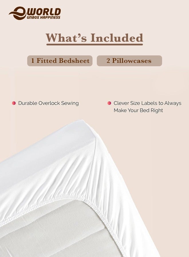 Eworld 3-Piece White Microfiber Fitted Bedsheet Set Includes 1 Deep-Pocket Sheet for a Snug Fit and 2 Pillow Covers, Breathable, Machine Washable for Optimal Protection, Available in King, Queen and Single Sizes - Image 2