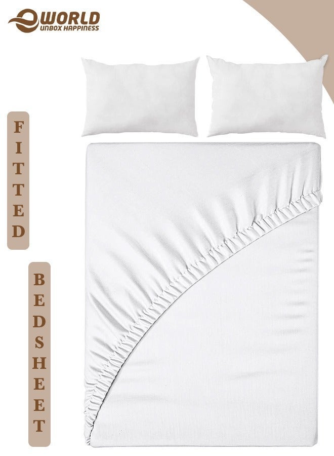 Eworld 3-Piece White Microfiber Fitted Bedsheet Set Includes 1 Deep-Pocket Sheet for a Snug Fit and 2 Pillow Covers, Breathable, Machine Washable for Optimal Protection, Available in King, Queen and Single Sizes - Image 1