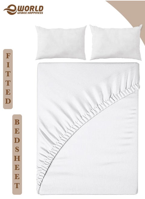 3-Piece White Cotton Fitted Bedsheet Set Includes 1 Deep-Pocket Sheet for a Snug Fit and 2 Pillow Covers, Breathable, Machine Washable for Optimal Protection, Available in King, Queen and Single Sizes
