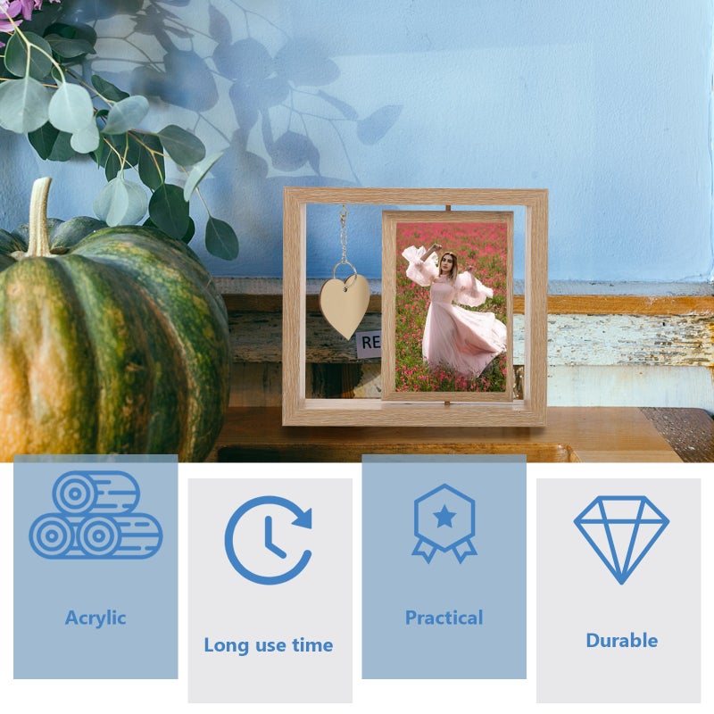Double Sided Rotating Wood Picture Frame Rotating Wood Photo Frame with Heart Pendant - Image 5