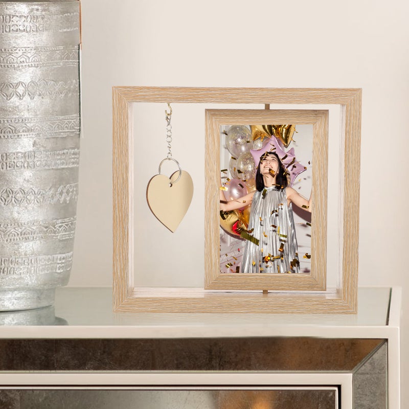 Double Sided Rotating Wood Picture Frame Rotating Wood Photo Frame with Heart Pendant - Image 1