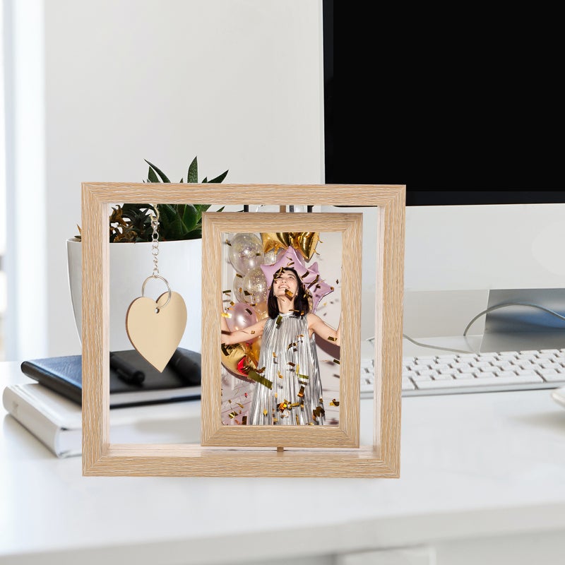 Double Sided Rotating Wood Picture Frame Rotating Wood Photo Frame with Heart Pendant - Image 4