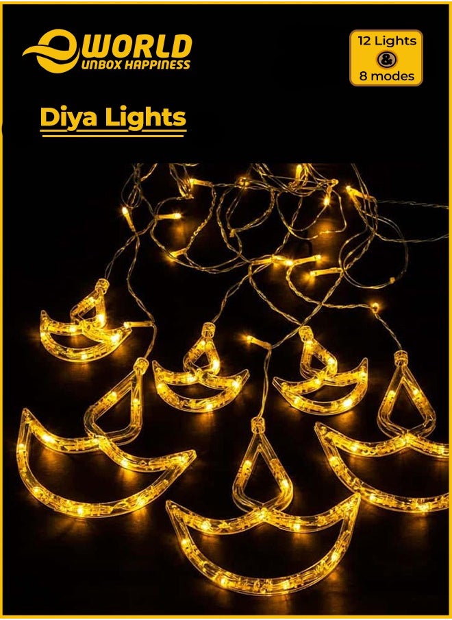 Eworld Home Decor Warm White Diwali String Lights with 12 Hanging Diya's, 8 Flashing Modes, Battery Box and USB-powered, Perfect to Illuminate Diwali, Weddings, Parties, Outdoor Spaces and other Celebrations  - Image 2