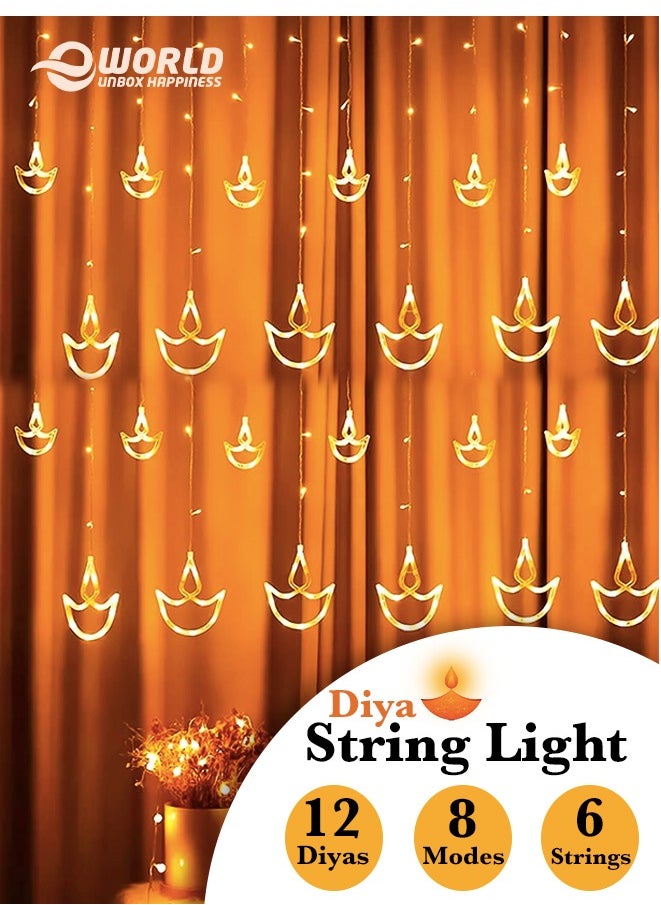 Eworld Home Decor Warm White Diwali String Lights with 12 Hanging Diya's, 8 Flashing Modes, Battery Box and USB-powered, Perfect to Illuminate Diwali, Weddings, Parties, Outdoor Spaces and other Celebrations  - Image 1