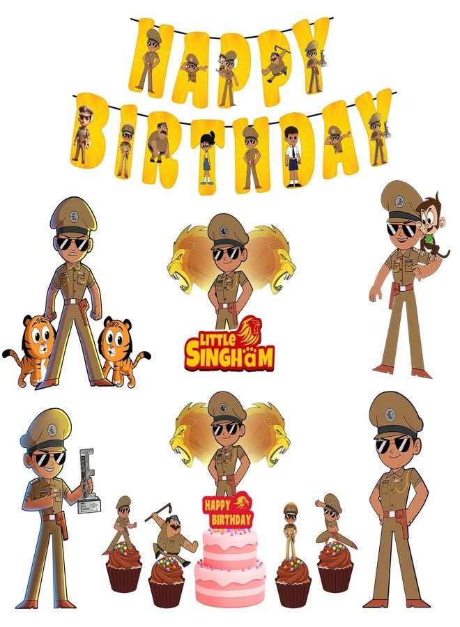 Partyjoy Little Singham Theme Birthday Decoration Kit for Boys, Cartoon Police Theme Party Supplies with Happy Birthday Banner, Cake Topper, Cupcake Toppers (Without balloons) - Image 1