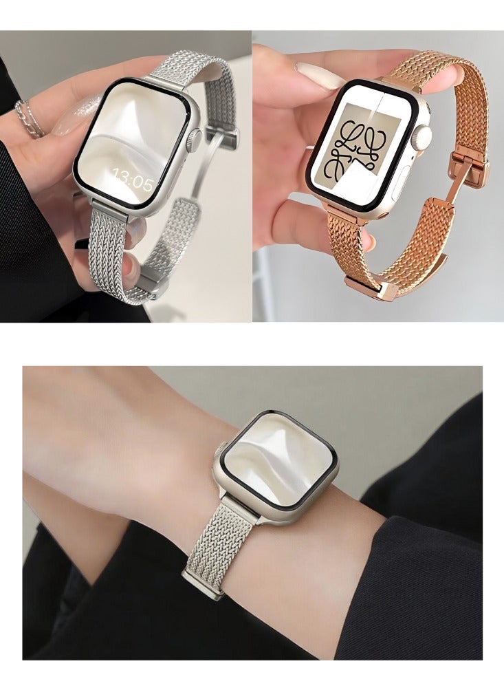 BESTPEAK Suitable for Apple Watch wheat ear magnetic metal thin strap, women's iWatch series thin watch strap 10/9/8/7/6/5/4/3/2/1 beige white 38-40-41mm [42mm] --- two  - Image 1