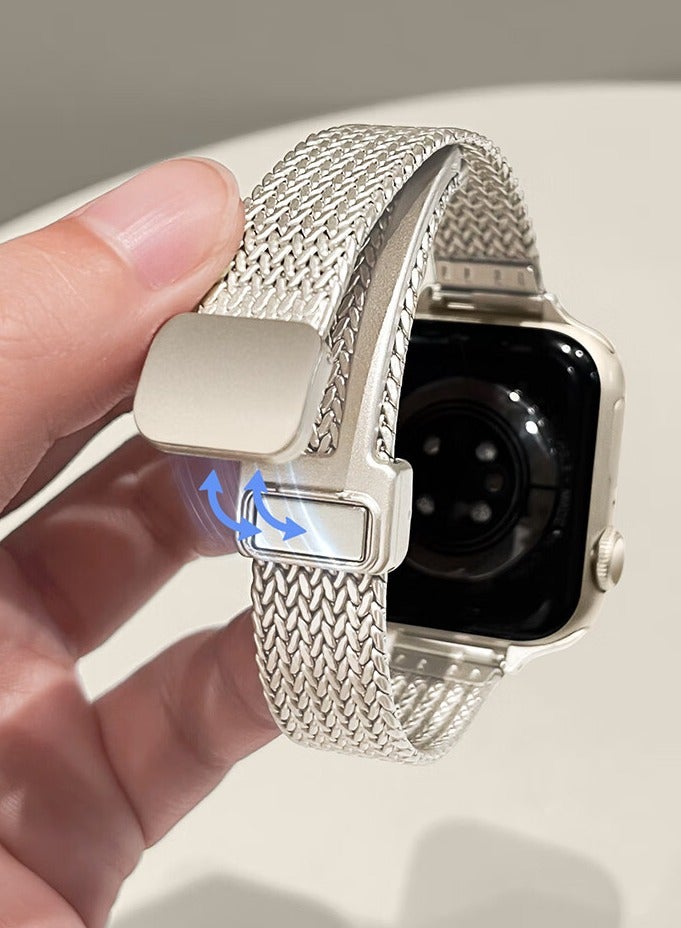 BESTPEAK Suitable for Apple Watch wheat ear magnetic metal thin strap, women's iWatch series thin watch strap 10/9/8/7/6/5/4/3/2/1 beige white 38-40-41mm [42mm] --- two  - Image 4