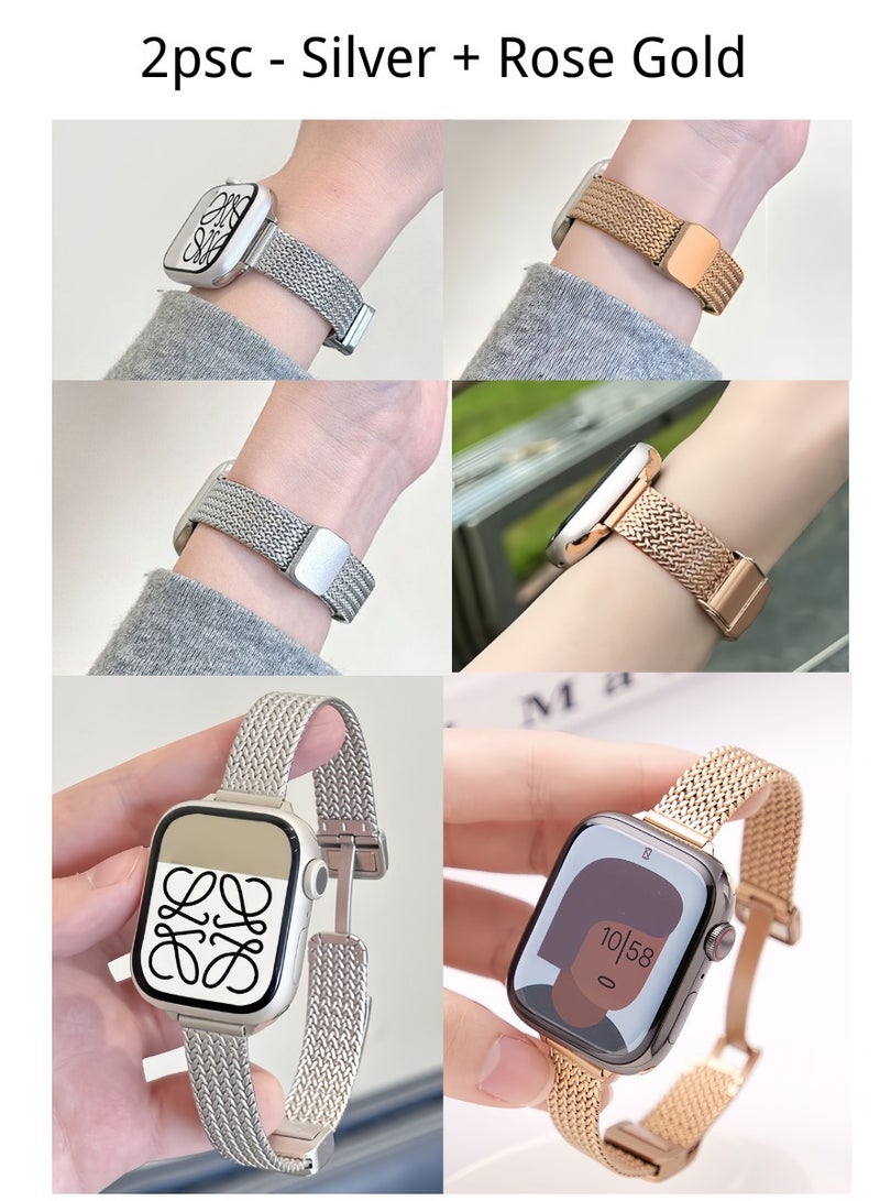BESTPEAK 2 Pack Magnetic Metal Bands Compatible with Apple Watch Band 38mm 40mm 41mm , Adjustable Magnetic Metal Strap Thin Waterproof Wristbands Compatible with iWatch Apple Watch Series11 10 8 7 6 5 4 3 2 1（41/40/38/42mm（Series 11/10）2pcs-Silver + Rose Gold - Image 1