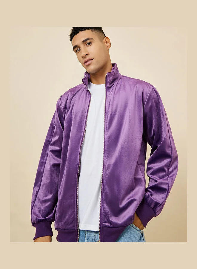 Styli Funnel Collar Regular Fit Velour Jacket