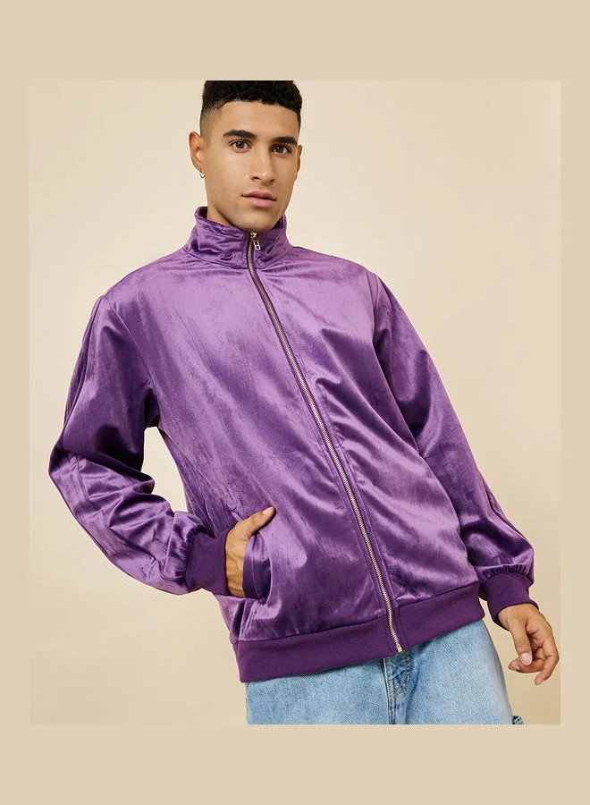 Styli Funnel Collar Regular Fit Velour Jacket