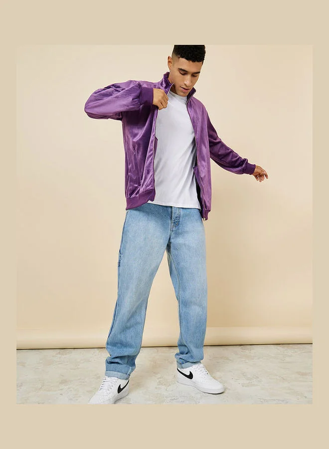 Styli Funnel Collar Regular Fit Velour Jacket