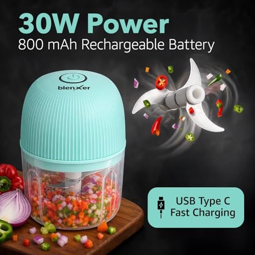Blenxer Mini Electric Chopper for Kitchen – USB Rechargeable Electric Food Chopper for Garlic, Onion & Vegetables | 250ml Small Food Processor with 3 Stainless Steel Blades (30W) - Image 3