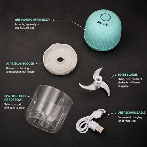 Blenxer Mini Electric Chopper for Kitchen – USB Rechargeable Electric Food Chopper for Garlic, Onion & Vegetables | 250ml Small Food Processor with 3 Stainless Steel Blades (30W) - Image 5